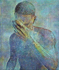 a painting of a man with his hands on his face