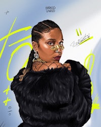 an illustration of a woman wearing a fur coat and sunglasses