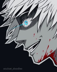 an anime character with blue eyes and white hair