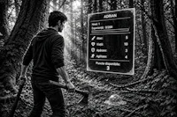 a man standing in the woods with an axe
