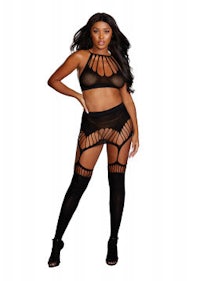 a woman in black lingerie and stockings