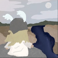 a drawing of a girl with horns looking out over a river