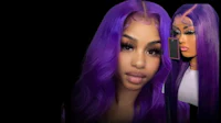 a woman with purple hair and a cell phone