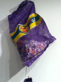 a purple bag hanging on a wall