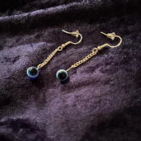 a pair of blue evil eye earrings on a purple background