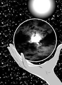 a person's hand holding a moon in the night sky