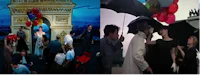 two pictures of people holding umbrellas and balloons