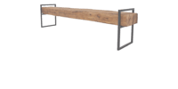 a wooden bench with a black metal frame
