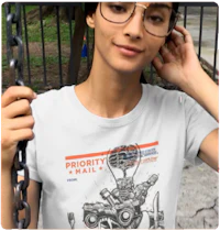 a woman wearing glasses and a t - shirt with the words priority real