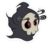 a sticker of a skeleton with smoke coming out of his mouth