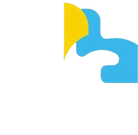 a blue and yellow logo with the letter b