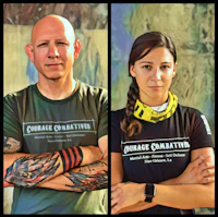 two pictures of a man and a woman with tattoos