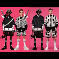 three men in black and white posing for a fashion shoot