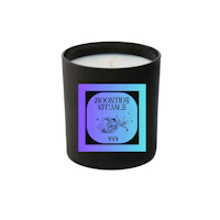 a black candle with a blue and purple logo on it