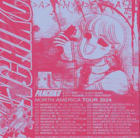 a pink and white poster with a picture of an anime girl