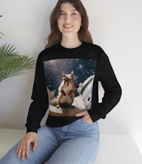 a woman wearing a sweatshirt with an image of a squirrel in space