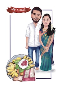 a caricature of a couple with a plate of food