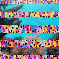 a painting with colorful dots on a blue background