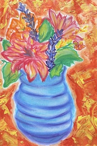 a painting of flowers in a blue vase