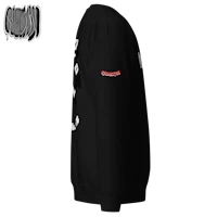 the back of a black sweatshirt with a white logo on it