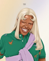 an illustration of a woman with blonde hair and a green shirt