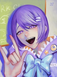 a girl with purple hair giving a thumbs up sign