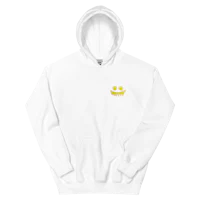 a white hoodie with a yellow smiley face on it