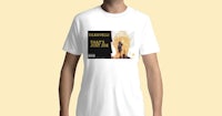 a man wearing a white t - shirt with a picture of a fire