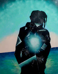 a painting of a man with a broken heart in front of the ocean