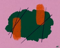 an orange and green painting on a pink background