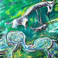 a painting of a giraffe and a zebra