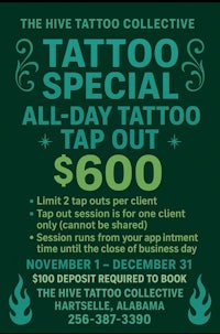 the hive tattoo collective tattoo special - all-day tattoo tap out