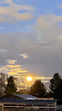 the sun is setting over a barn with a horse in the background
