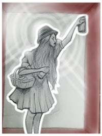 a drawing of a girl in a dress holding a phone