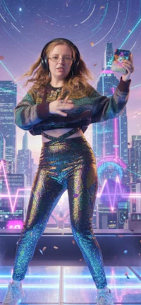 a girl in a futuristic outfit standing in front of a city