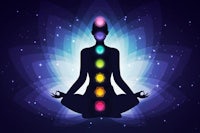a silhouette of a woman with seven chakras