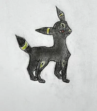 a drawing of a black eevee with yellow eyes