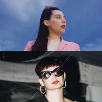 two pictures of a woman in a pink jacket and sunglasses