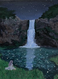 a painting of a girl in front of a waterfall at night
