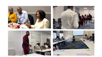 a collage of pictures showing people at a meeting