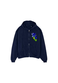 a navy hoodie with a blue and green logo on it