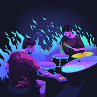 two drummers playing drums in front of a fire