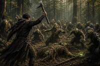 a man with a sword in a wooded area