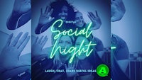 a poster for social night featuring a group of people with their hands up