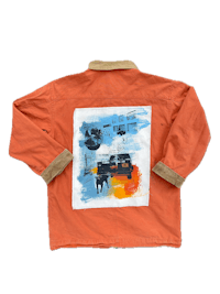 an orange jacket with a painting on the back