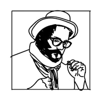 a black and white drawing of a man with glasses and a hat