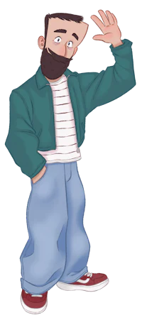 a cartoon man with a beard waving his hand