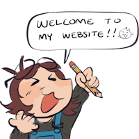 A cartoon drawing of the website creator. She's got short brown hair and glasses resting on her head. Her arm is raised, holding a pencil. There is a speach bubble above her head saying “Welcome to my website!!”