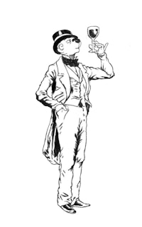 a black and white drawing of a man holding a glass of wine