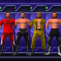 four wrestlers standing in front of a screen